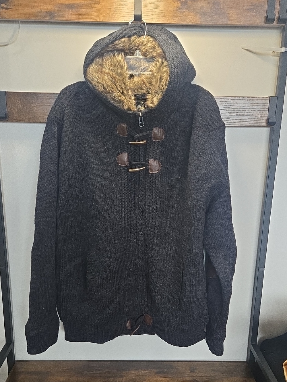 Point Zero Black Hooded Zip & Toggle Sweater with Faux Fur Trim
